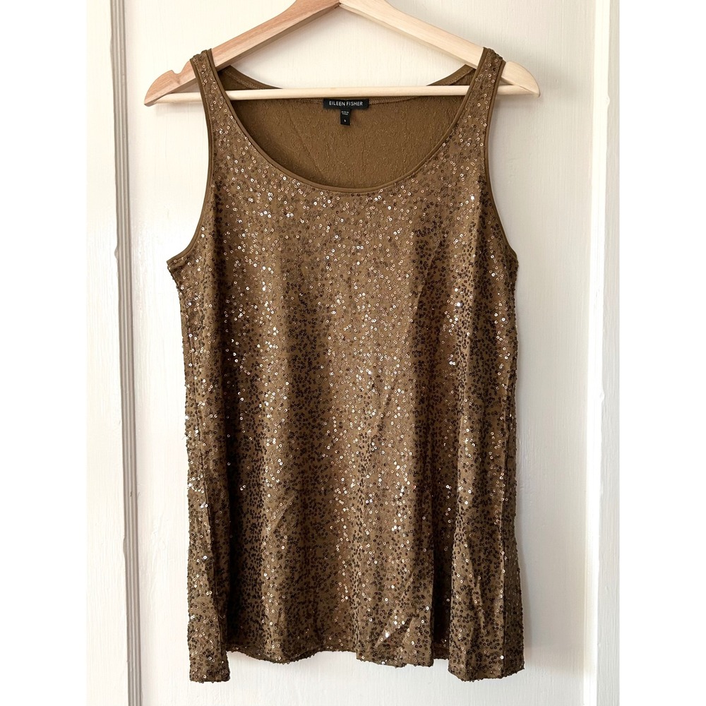 Eileen Fisher Sequin 100% Silk Tank Bronze S Evening Vacation Cocktail Party